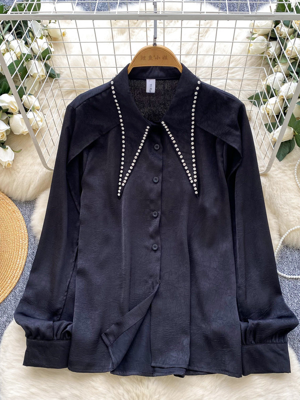 French-Style Light Luxury Heavy Beaded Doll Collar Long-Sleeve Satin Shirt for Women 2025 Autumn Loose Slimming Casual Top