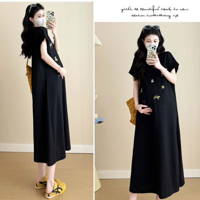 Imitation Cotton Milk Silk # Double Flap Pocket Pants # Summer Korean Style Loose Large Size Flying Sleeve Dress Women's Long Knee-Length Dress Imitation Cotton Milk Silk # Double Flap Pocket Pants # Summer Korean Style Loose Large Size Flying Sleeve Dress Women's Long Knee-Length Dress