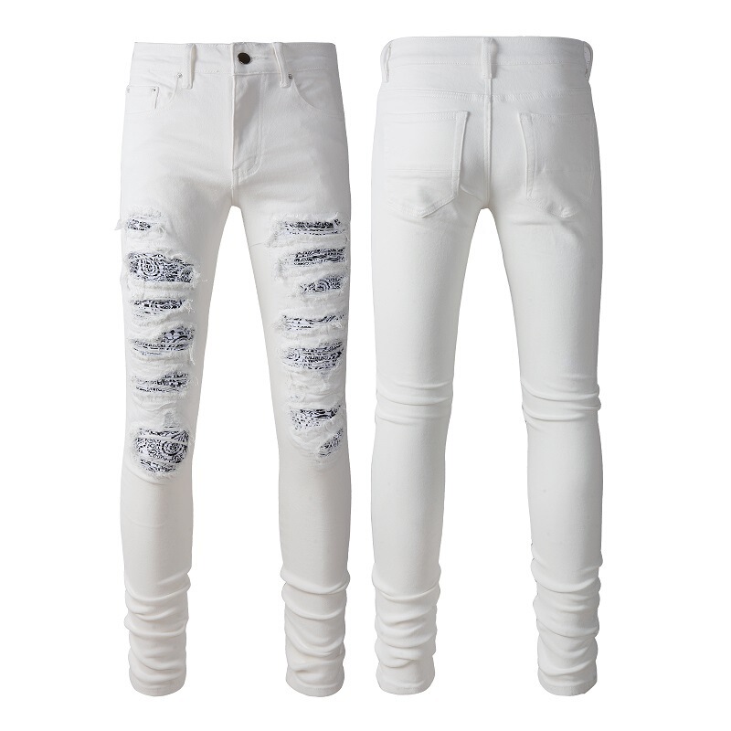 High Street Fashion Brand White Slim Stretch Ripped Jeans Men's Casual Pants Men's American Ripped Pants 843 High Street Fashion Brand White Slim Stretch Ripped Jeans Men's Casual Pants Men's American Ripped Pants 843