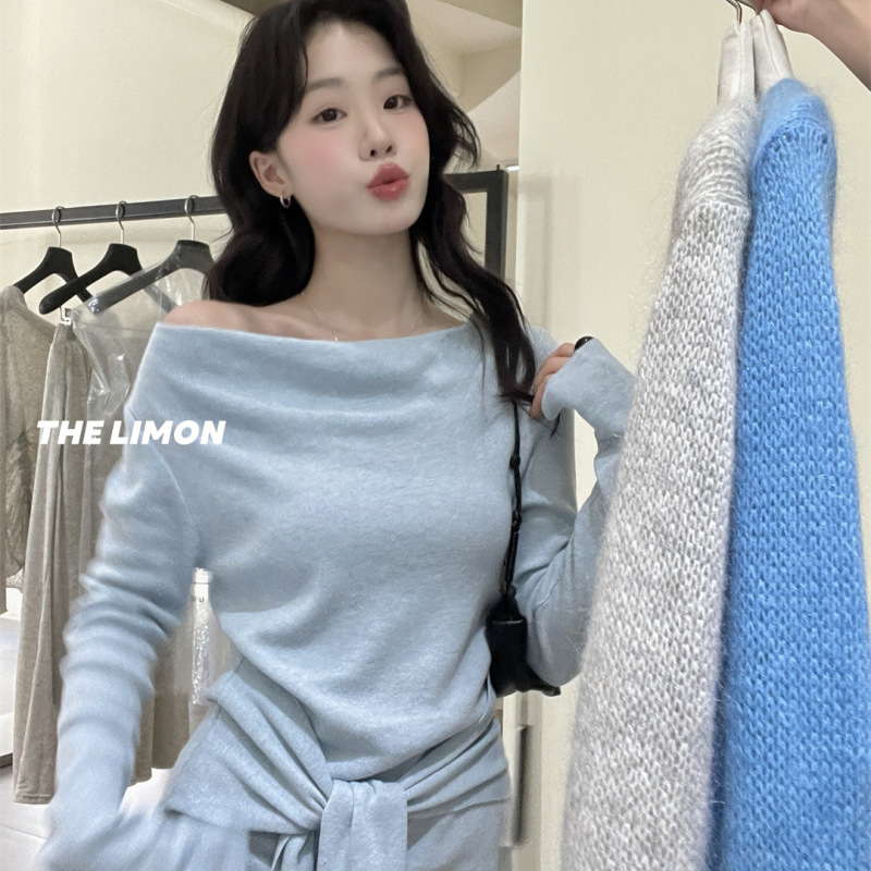 the limon柠檬绿茶2025秋季新款设计感系带露肩荡领针织衫女上衣|undefined