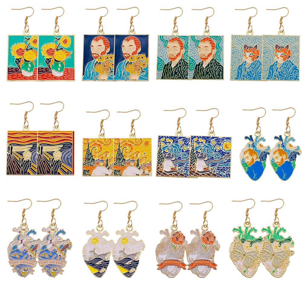 Cross Border New Original Design Oil Painting Starry Night Sunflower Earrings Heart Van Gogh Butterfly Ocean Pattern Earrings
