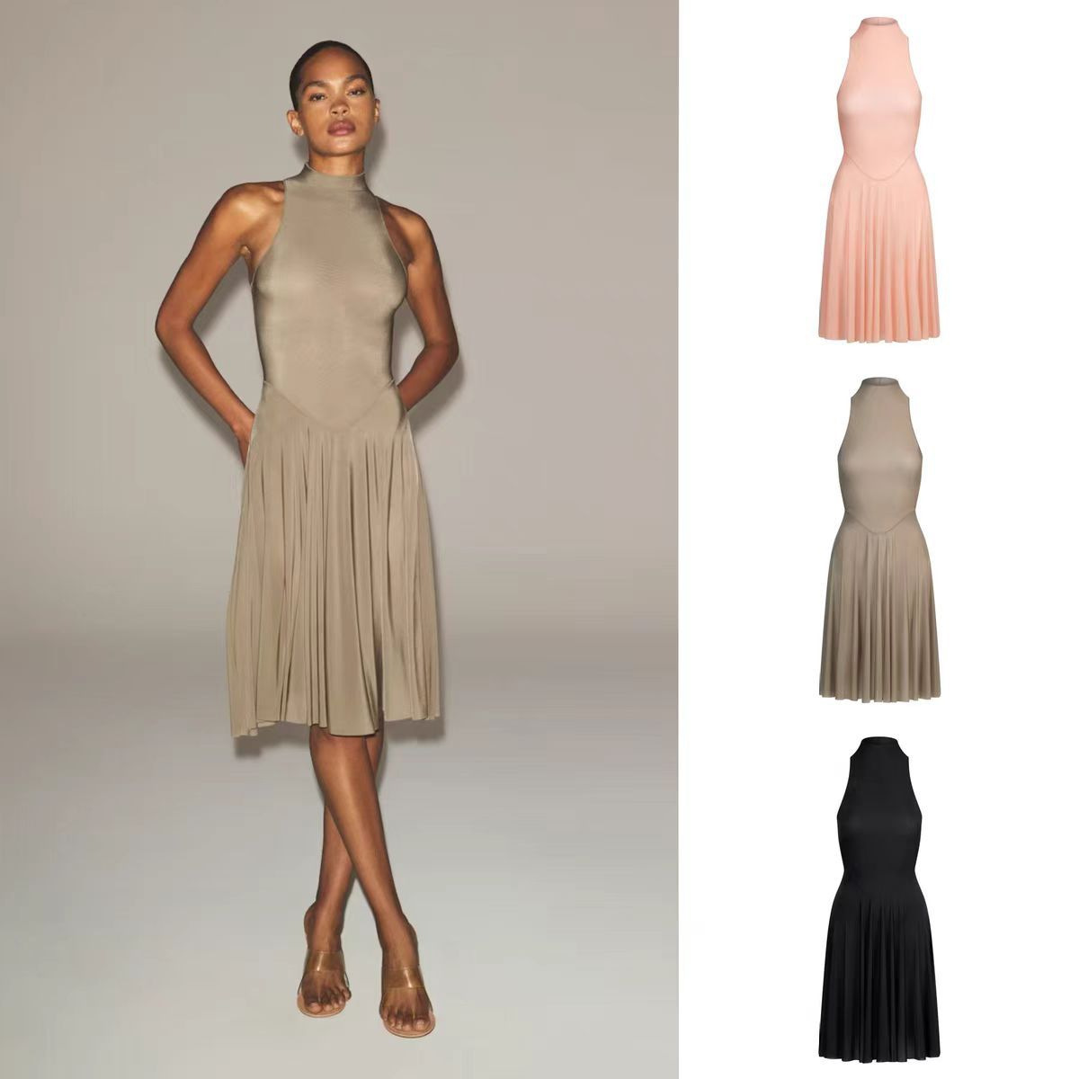 Skims Milky Sheer High-Neck Sleeveless Pleated Dress Slim Fit Pure Sexy Sexy Style