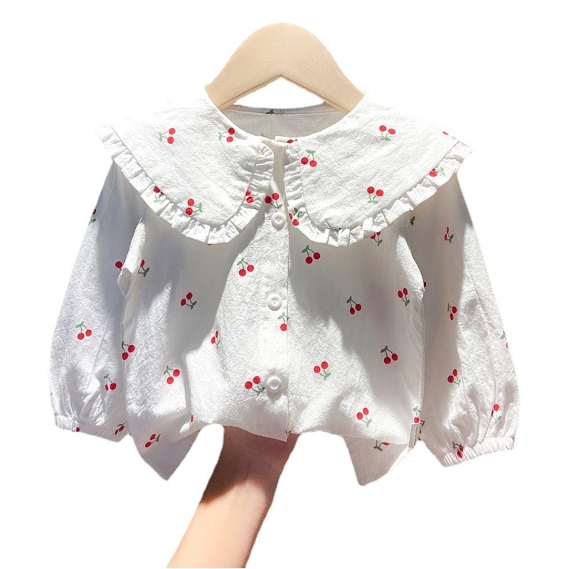 Ropa Infantil, Camisas para Niñas, Nueva Colección 2025, Camisas Elegantes con Estampado de Cerezas, Manga Larga, Cuello Camisero, Venta al Por Mayor de Fábrica