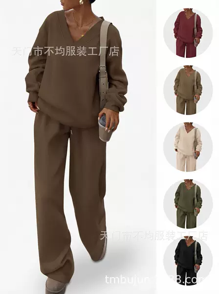 European and American Foreign Trade Cross-Border Women's Clothing Amazon Hot-Selling Autumn and Winter Knit V-Neck Sweatshirt and Wide-Leg Pants Casual Two-Piece Set
