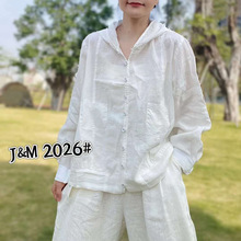 jm2026韩版连帽撞色拼接百搭长袖衬衣女2024新款棉麻外搭上衣潮