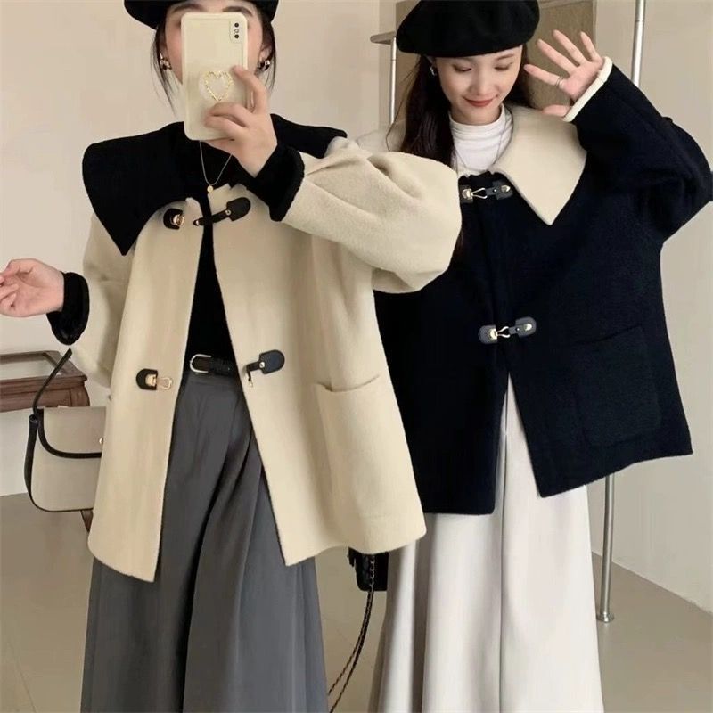 撞色娃娃领毛呢外套女2025秋冬新款设计感翻领加厚小个子呢子大衣|undefined