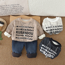 冬季新款套装2025男童装帅气字母休闲长袖加绒5排字母两件套潮服