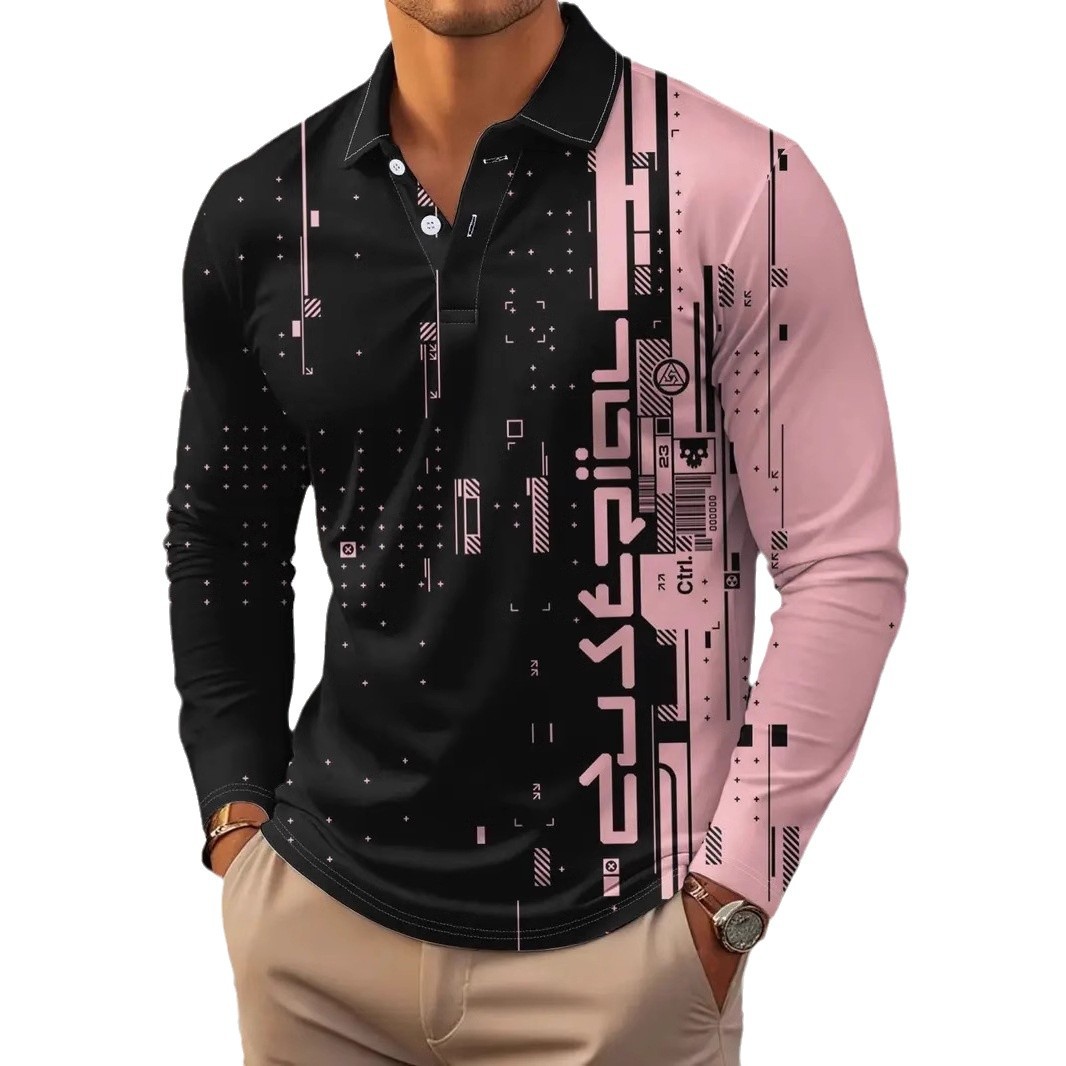 Tecnología geométrica patrón de color de contraste 3D impresión digital para hombres primavera y otoño suelta transpirable manga larga botones cuello POLO camisa