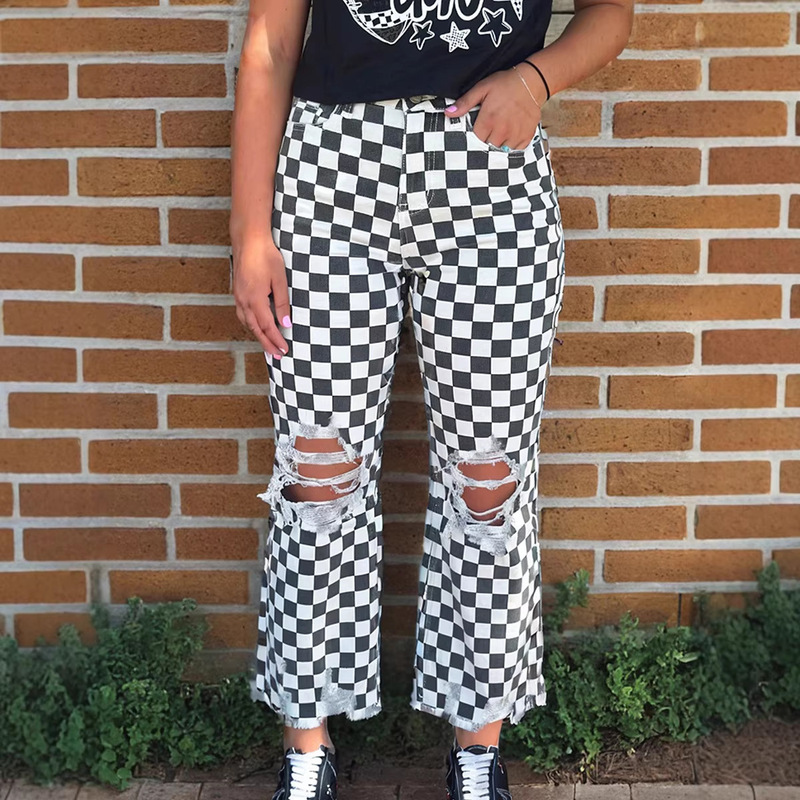 2026 Spring New Slim Fit Jeans for Women European and American Style Unique Design Plaid Print Ripped Straight Pants for Women