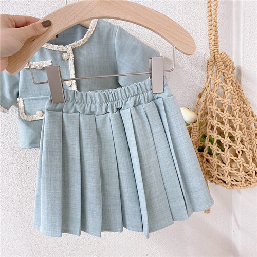 Korean style girls' little fragrance suit 2024 summer new style baby girl's temperament short-sleeved top pleated skirt two-piece set