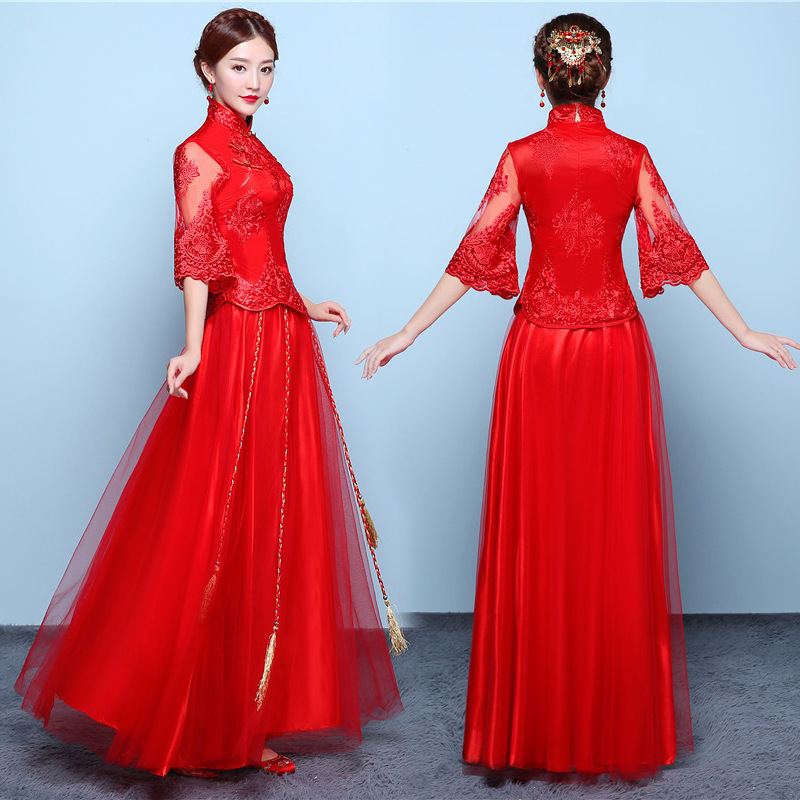 Toast the bride Chinese style dress female bridal chinese wedding party XiuHe dresses red wedding clothes dragon phoenix Chinese dress lace wedding gown