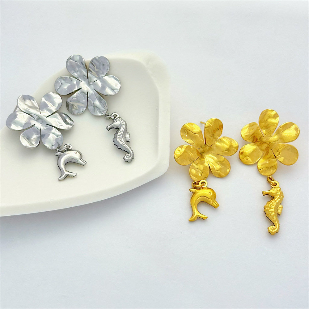 1 Pair Hippocampus Flower Classic Style 304 Stainless Steel Drop Earrings display picture 2