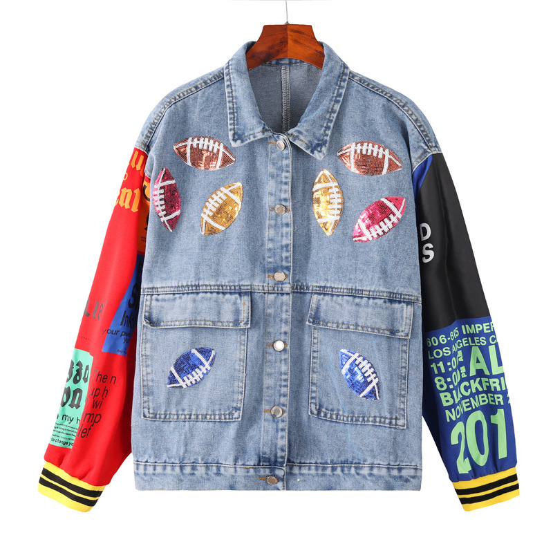 High-Quality In-Stock 2026 Spring New Style Sequin Embroidery Denim Jacket Rugby Jersey Plus-Size Sequin Jacket