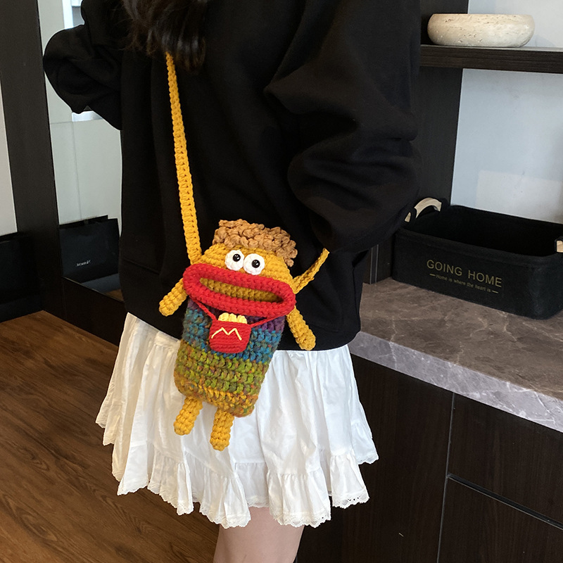 Hochillo tejido a mano bolsa de cambio de color gradiente bonito bonito extraño bebé mochila caricatura adorable patatas fritas bolsos para niños