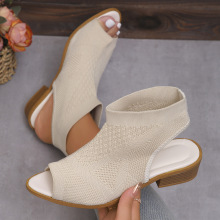 欧美外贸新款飞织后空中跟凉鞋女跨境针织透气镂空鱼嘴凉靴亚马逊