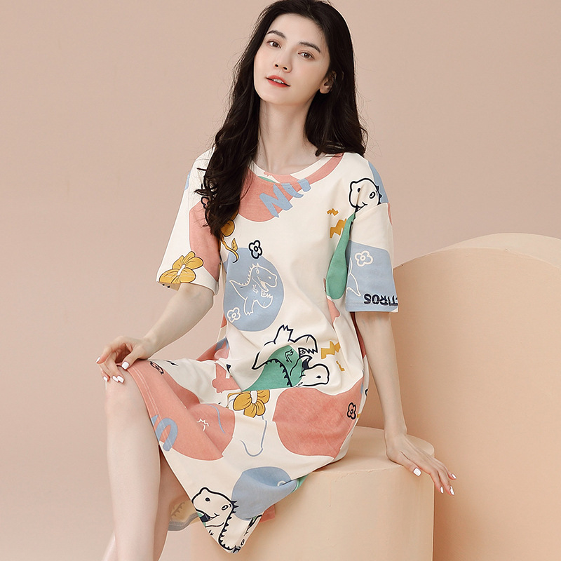 100% Cotton Plus-Size Nightgown for Women, Summer Thin Pure Cotton Short-Sleeved Round-Neck Dress, Casual Student Pajamas, Home Wear