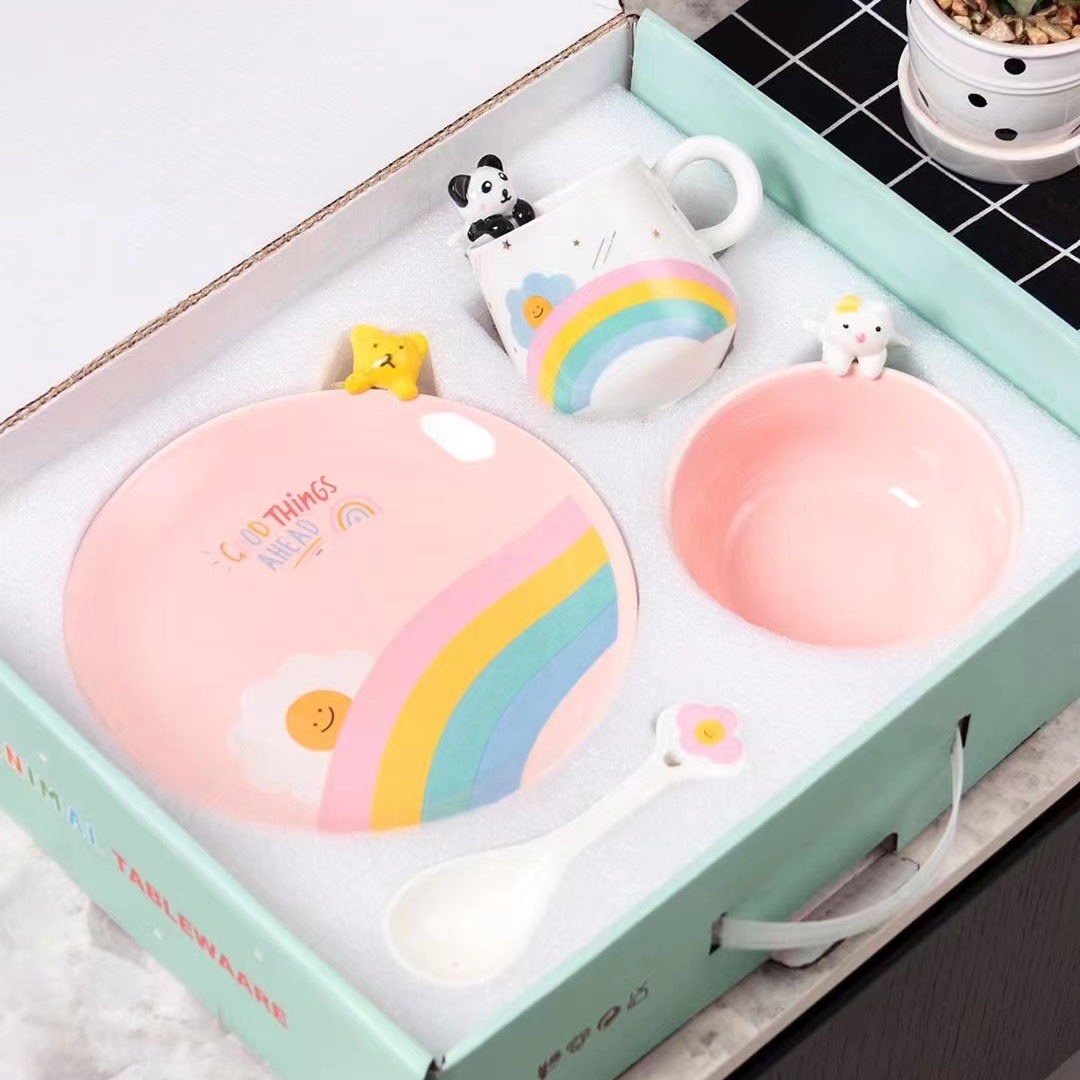 Personalidad creativa en línea rojo de alta apariencia de dibujos animados lindo vajilla de cerámica tazón taza cuchara combinación traje regalo