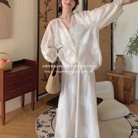 新中式国风白色蕾丝刺绣衬衫半身裙子套装女春夏感轻奢三件套褶皱