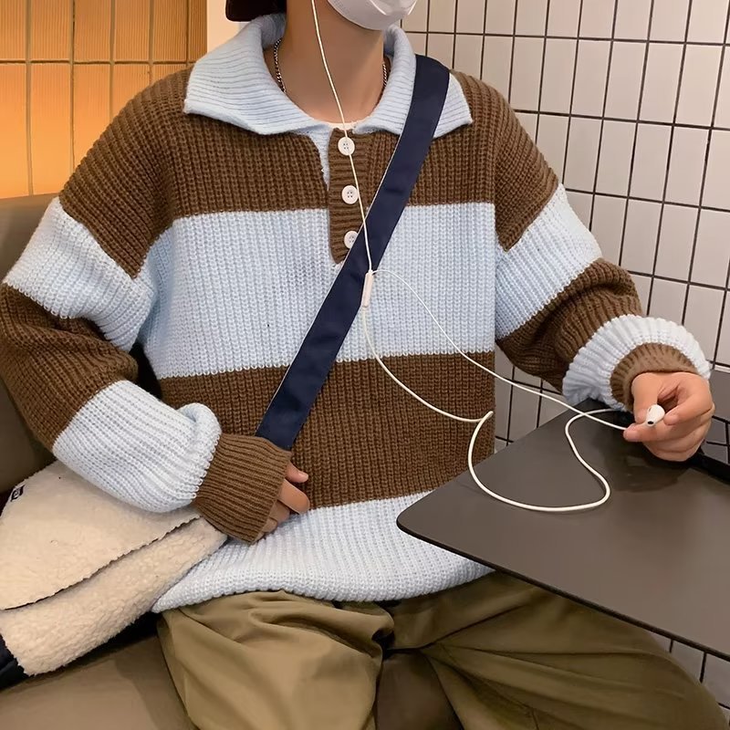 Striped Contrast Color Sweater Turtleneck Men's and Women's Loose Autumn and Winter Korean Style High-end All-match Sweater Trendy Pullover Top