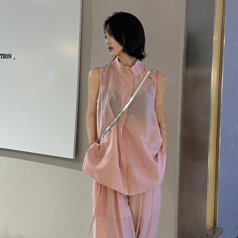 Spot Kok Xingyun Running Water Matte High-Density Tencel Wrinkle Texture Half Turtleneck Sleeveless Air Vest