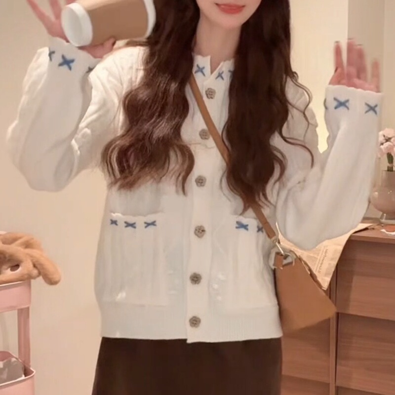 慵懒风圆领长袖针织衫女2025秋季新款设计感宽松软糯毛衣外套上衣|undefined