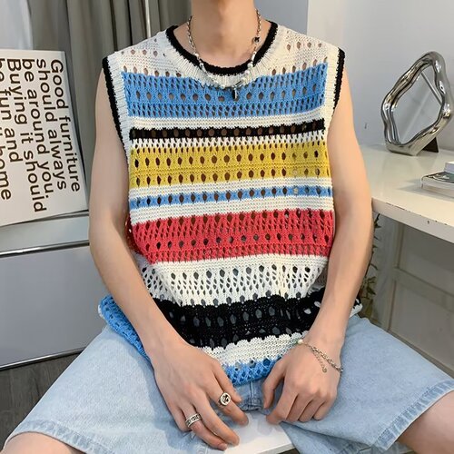 Summer Color Block Striped Retro V-neck Cardigan Vest Knit Top for Men and Women, Couple Fashion Casual Layering Knitwear Unique Style