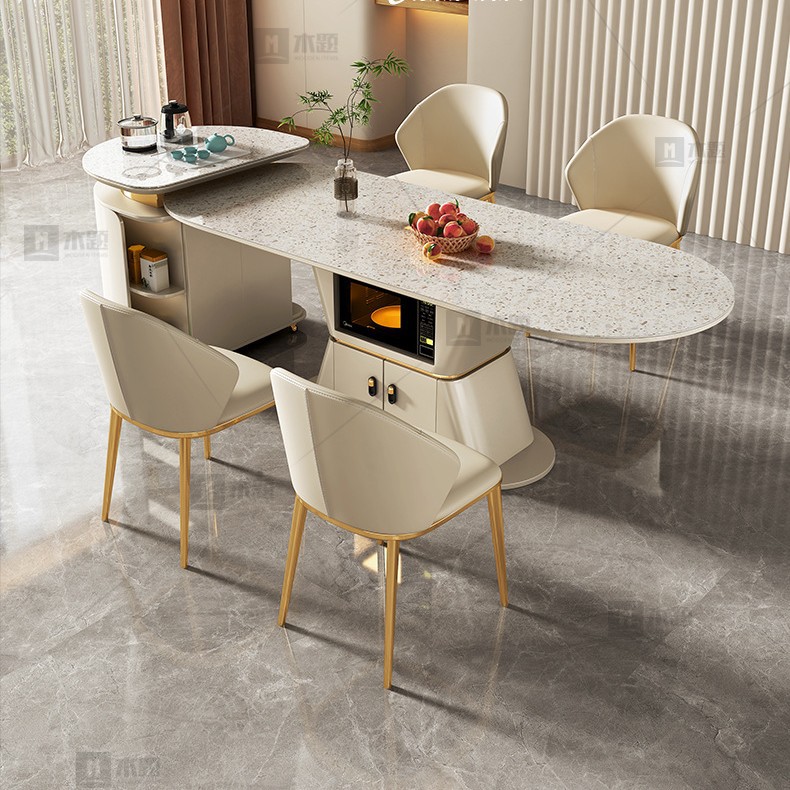 Mesa de mesa de mesa de isla de roca, horno de microondas doméstico móvil integrado, cocina de inducción, mesa de té multifuncional minimalista moderna de lujo ligero