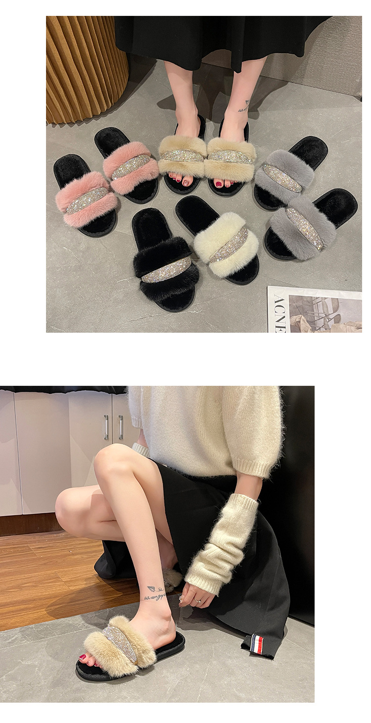 Pantofole piatte in cristallo di nuova pelliccia per il commercio estero con diamanti Moda donna alta e bassa in lana con apertura a una linea in cotone transfrontaliero_voghion.com