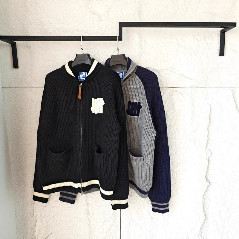 Cross-Border Supply Color-Blocking Logo Striped Sports Retro Ingot Pin Lapel Knit Sweater Zipper Jacket Unisex
