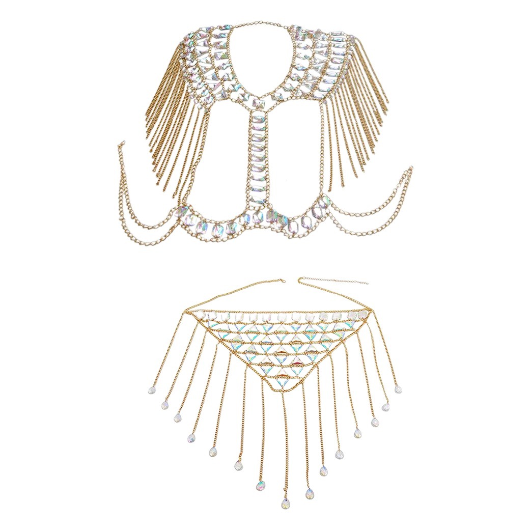 Cadena de pecho sexy europea y americana para mujer, estilo veraniego de playa, chaleco con borlas, conjunto de cadenas corporales de acrílico con gemas, venta al por mayor transfronteriza. image 1
