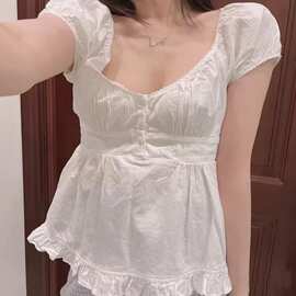 BM风 夏款设计感小众别致荷叶边木耳边泡泡袖u领短袖衬衫女上衣潮
