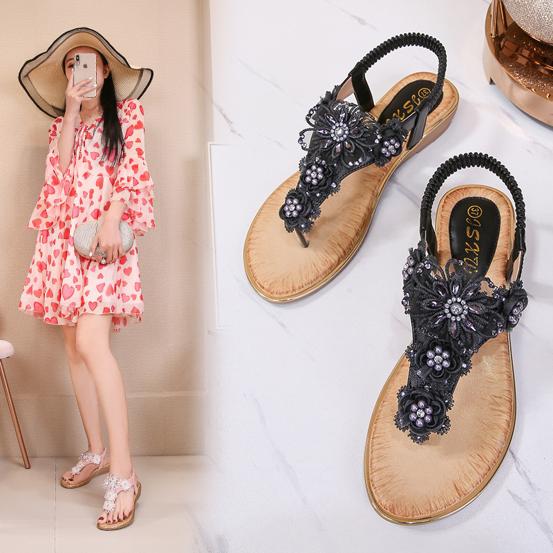 Shoes women's cross-border sandals women's clip-on elastic strap open-toe sandals women's floral trim flat sandals