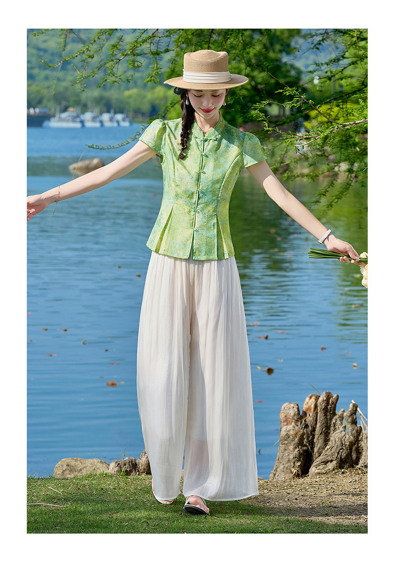 Bộ quần áo nữ mùa hè 2026 sơ mi cổ đứng họa tiết jacquard + quần ống đứng hai mảnh ZQ620 — Màu ảnh chi tiết 15