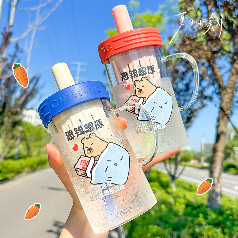 대용량 사무용 단층 고붕규산 유리컵, 만화 캐릭터 물컵, 우유컵, 고급스러운 커피 손잡이컵