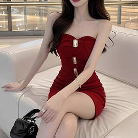 高冷御姐风轻奢设计性感抹胸红色连衣裙2026夏季新款女装礼服短裙