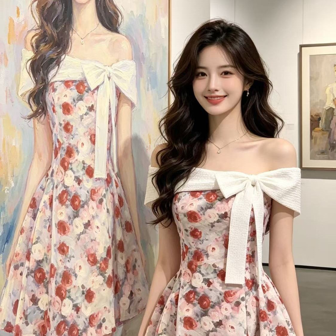 Mm628 One-Line Neckline Off-Shoulder Bow Floral Dress for Women, New Summer Design, Waist-Cinching, Slimming, Elegant Short Dress