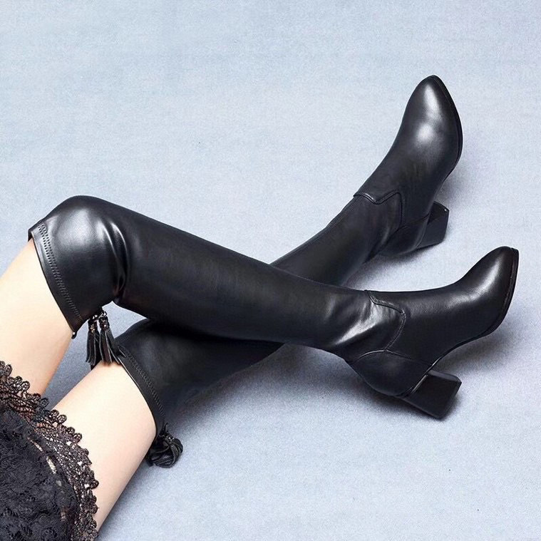 New fall/winter back zipper thigh-high boot layer cowhide pointed heels boot_voghion.com