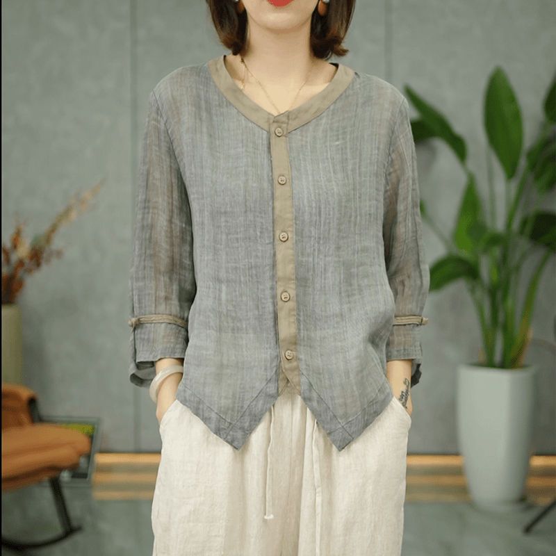 2025夏季新款显瘦上衣气质小衫高级感撞色复古棉麻衬衫女长袖衬衫