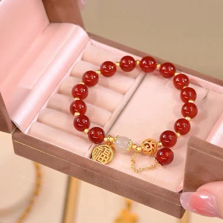 Red Agate Red Bean Bracelet Girl Summer ins Niche Design Beaded Tanabata Valentine's Day Bracelet Nanguo Acacia Bean