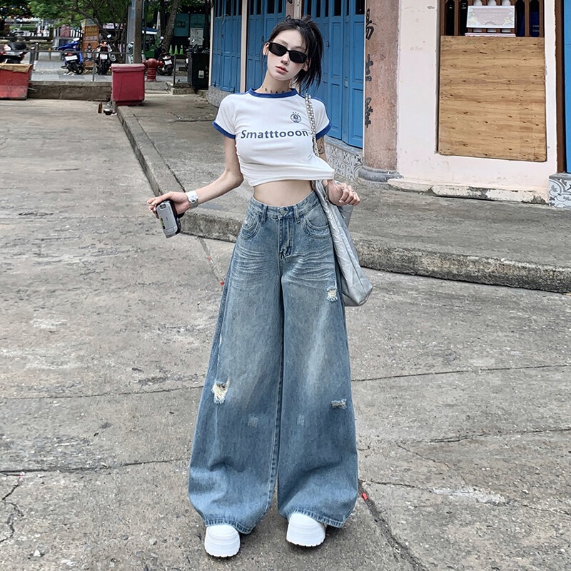 American-Style Summer New Vintage Ripped Heavy-Wash Denim Wide-Leg Straight Floor-Length Jeans for Women