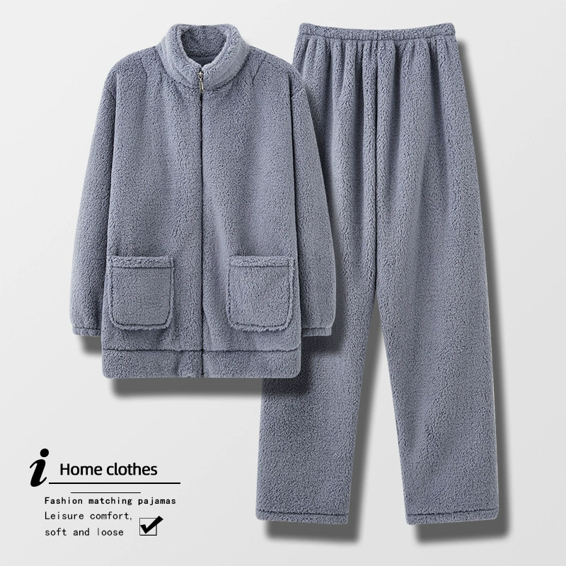 Men's flannel demi-season warm pijama, coral long-sleeve with zipper, velvet cardigan, increased thickness