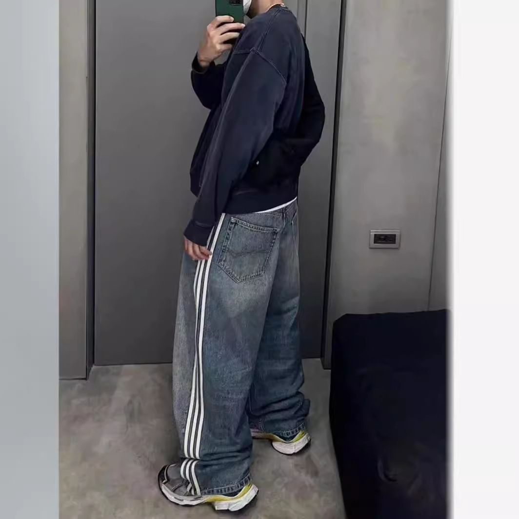 2023 primavera nuevo americano retro de tres barras de perfil lavado azul de pierna ancha jeans rectos para hombres