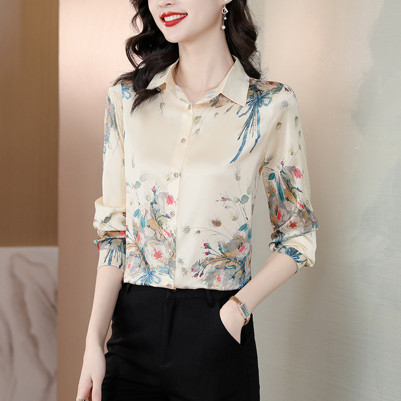 Hangzhou Silk Shirt for Women 2026 New Style Elegant Printed Blouse for Ladies, Wrinkle-Free, Loose Fit, Versatile Trendy Shirt