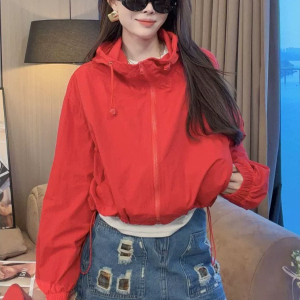 2026 Spring/Summer New Style Stand Collar Short Drawstring Hooded Jacket Sun Protection Slimming Versatile Loose Breathable Coat