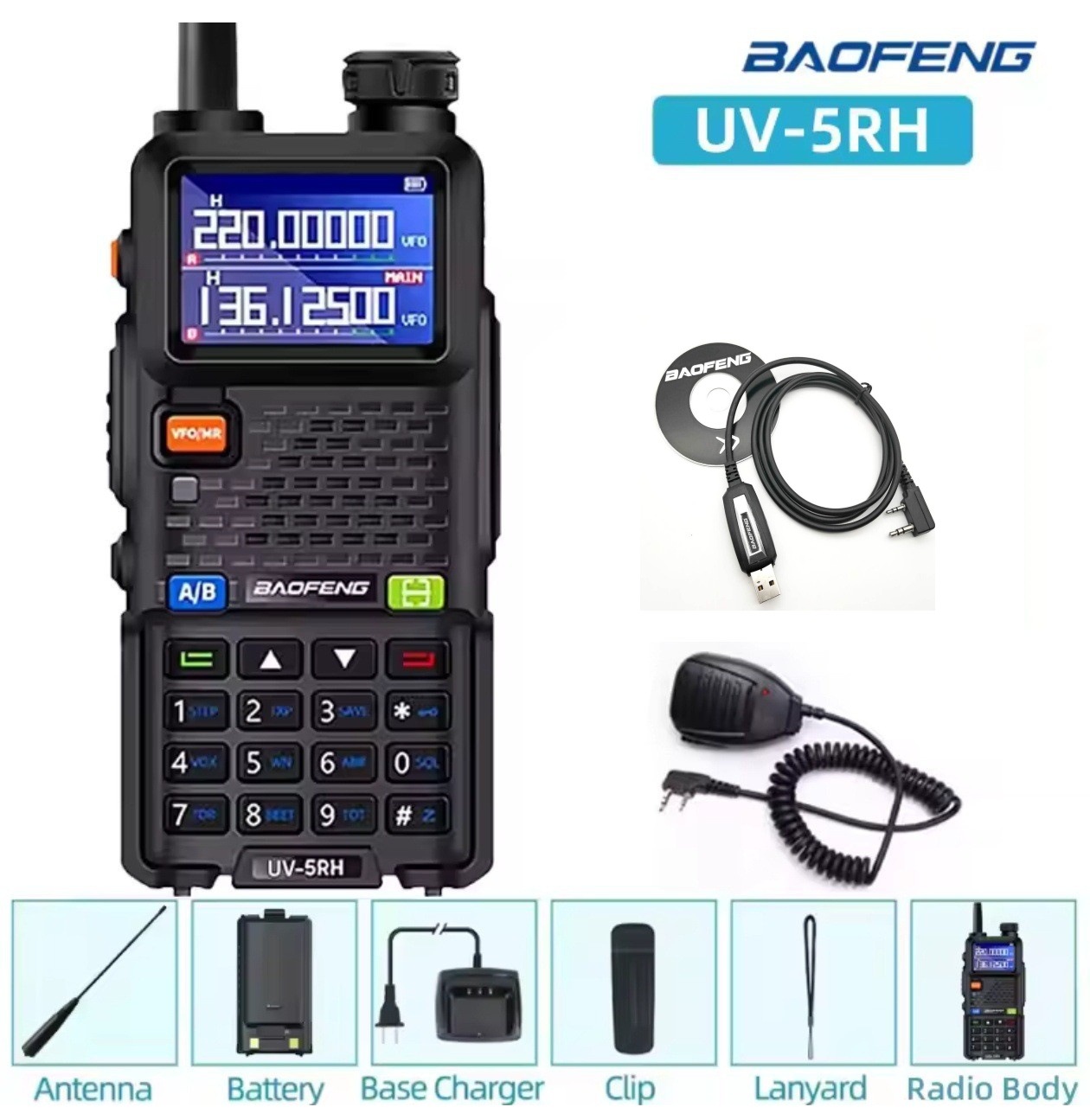 Walkie-talkie Baofeng UV-5RH con sincronización de frecuencia con un solo toque, radio portátil de banda completa AM para viajes en auto y uso al aire libre, carga TIPO-C.