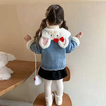 外贸女童卡通翻领猫咪牛仔外套2025新款韩国冬款洋气大衣代发童装