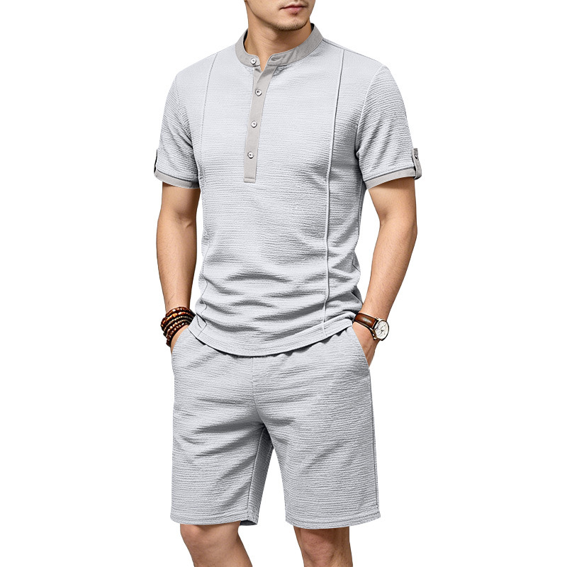 Men's Casual Henley Short Sleeve T-Shirt And Shorts Set Comfort-Focused Polyester Design for Summer_viptrois.com