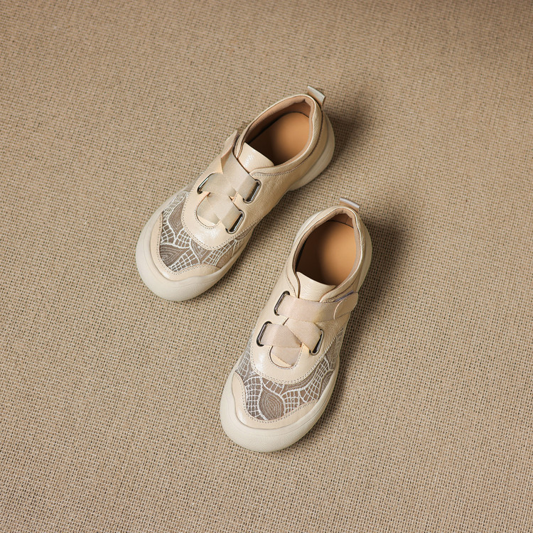 Giày sneaker nữ phối màu da thật lỗ thoáng khí đế bệt buộc dây kết hợp miếng dán — màu trắng ngà chi tiết 66
