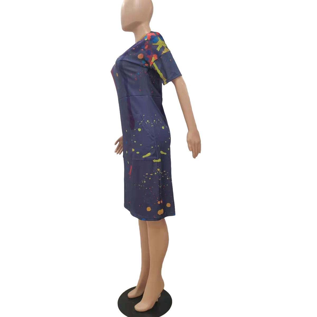 Loose Splashed Ink Printing V neck Casual Dress with Pocket