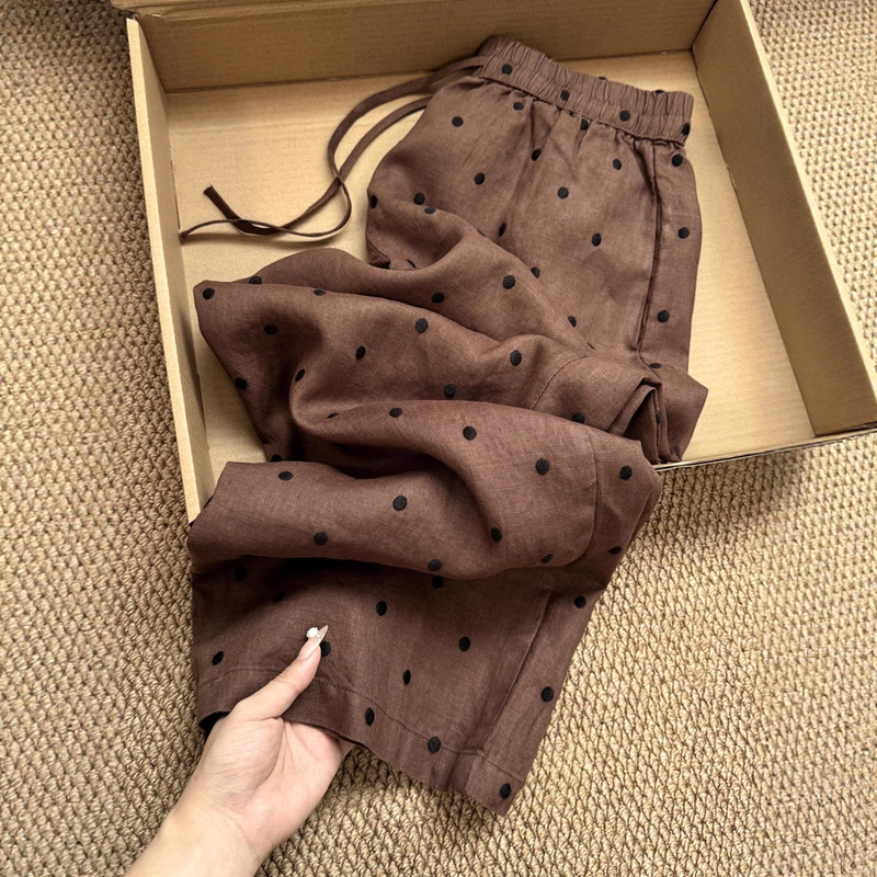 Shop Recommendation! Vintage Linen Three-Dimensional Embroidery Polka Dot Pants for Women, Summer Drape Versatile Straight Casual Thin Pants
